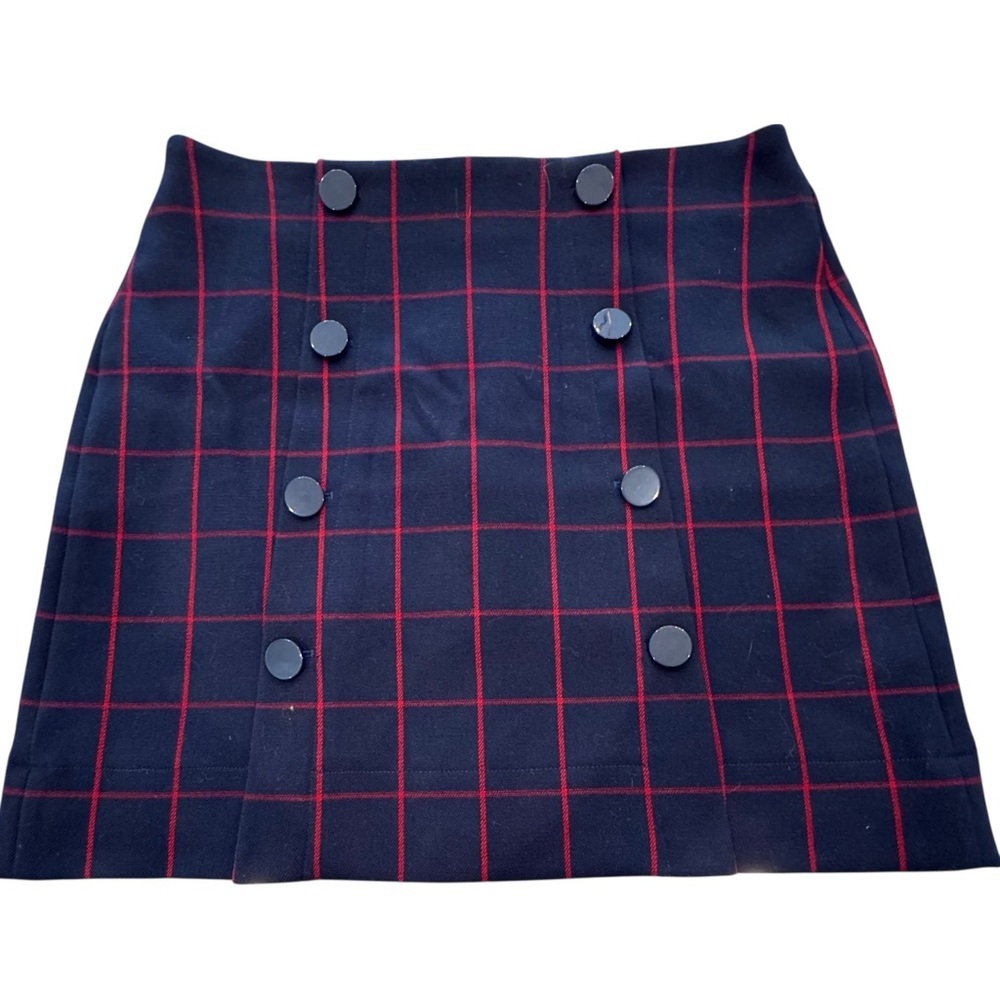 LOFT Size 12 A-Line Black/Red Mini Skirt Back Zip Decorative Buttons Fully Lined